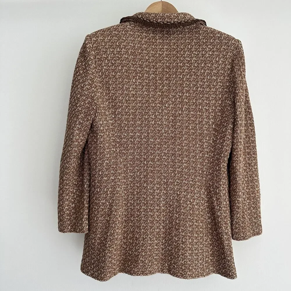 St John Tweed Blazer Jacket 12 Brown Textured Knit Gold Button Fringe Jacket - Picture 4 of 11